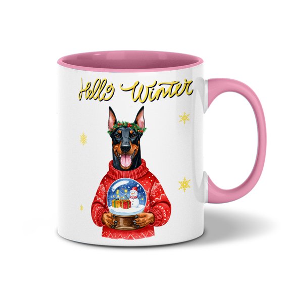 Hello Welcome Winter Doberman Pinscher Holding Snow Globe Snowman 11oz Accent Two-tone Mug Doberman Dog Lover Gifts Coffee Tea Cup - 13015