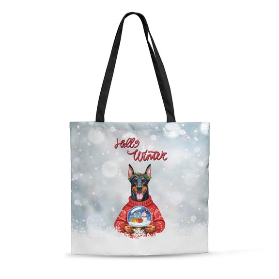 Hello Welcome Winter Doberman Pinscher Holding Snow Globe Snowman All Over Print 3D Canvas Tote Bag Doberman Dog Lover Gifts Reusable Handbag - 13015