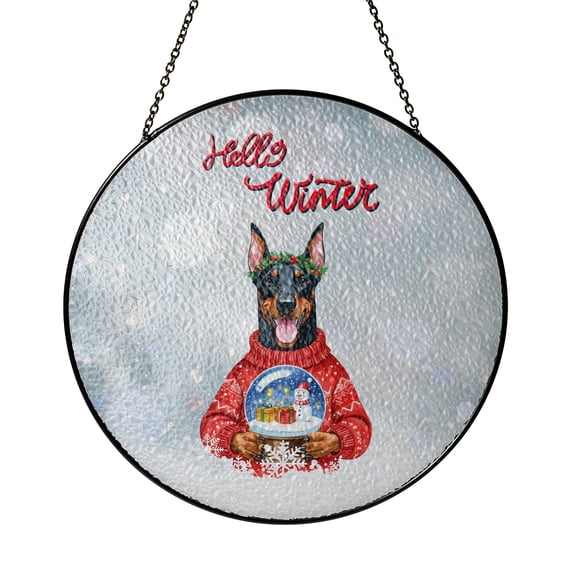 Hello Welcome Winter Doberman Pinscher Holding Snow Globe Snowman Stained Glass Suncatcher Doberman Dog Lover Gifts Window Hanging Sign Decor - 13015