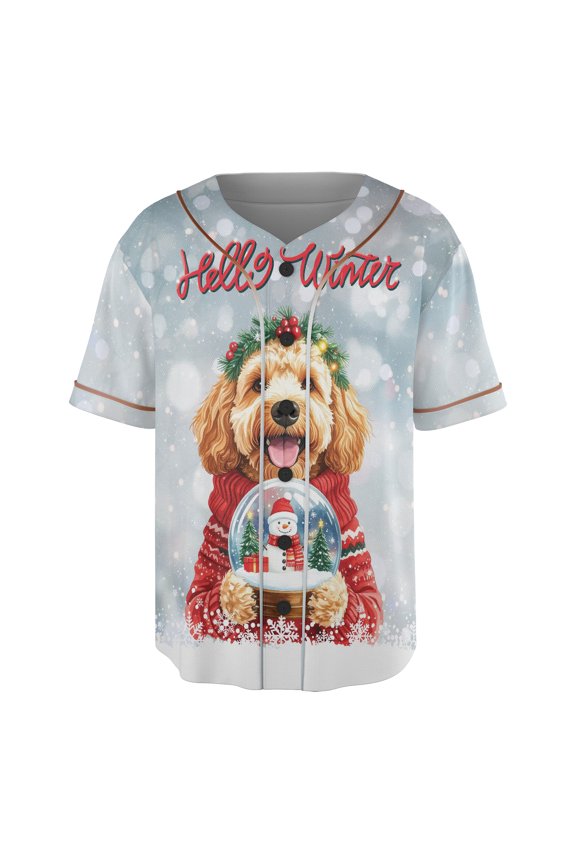 Hello Welcome Winter Goldendoodle Holding Snow Globe Snowman All Over Print 3D Baseball Shirt Doodle Dog Lover Gifts Idea Softball Sport - 13015
