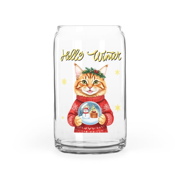 Hello Welcome Winter Maine Coon Holding Snow Globe Snowman 16oz Glass Cup Mug Cat Lover Kitten Owner Gifts Glass Can - 13015
