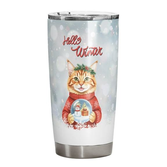 Hello Welcome Winter Maine Coon Holding Snow Globe Snowman 20oz Stainless Steel Tumbler Insulated Cup with Lid Cat Lover Kitten Owner Gifts - 13015