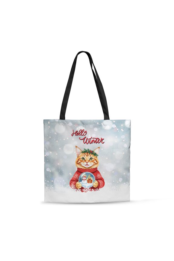 Hello Welcome Winter Maine Coon Holding Snow Globe Snowman All Over Print 3D Canvas Tote Bag Cat Lover Kitten Owner Gifts Reusable Handbag - 13015