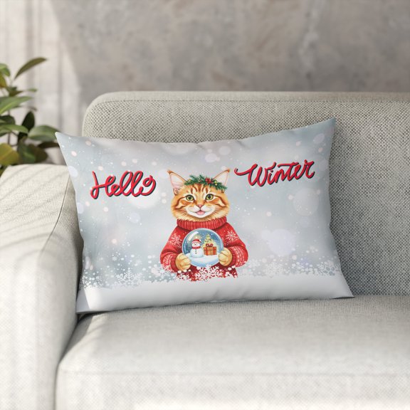 Hello Welcome Winter Maine Coon Holding Snow Globe Snowman Pillowcase Double Sided Cat Lover Kitten Owner Gifts Pillow Case Covers - 13015