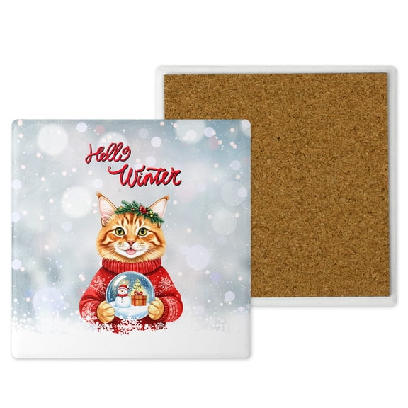 Hello Welcome Winter Maine Coon Holding Snow Globe Snowman Set of 4 Stone Coasters Cat Lover Kitten Owner Gifts 4x4in Absorbent Soapstone Coaster - 13015