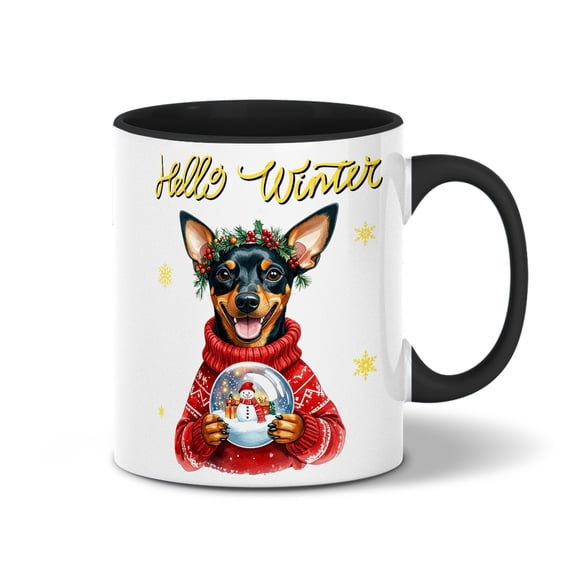 Hello Welcome Winter Miniature Pinscher Holding Snow Globe Snowman 11oz Accent Two-tone Mug Mini Pin Dog Lover Coffee Tea Cup - 13015