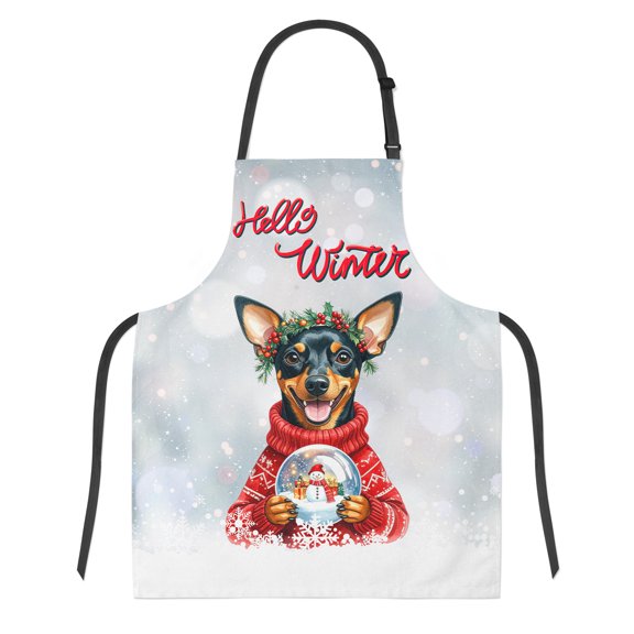 Hello Welcome Winter Miniature Pinscher Holding Snow Globe Snowman Apron Mini Pin Dog Lover for Cooking Grilling Baking Painting Gardening - 13015