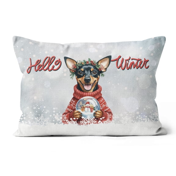 Hello Welcome Winter Miniature Pinscher Holding Snow Globe Snowman Pillow Cushion Double Sided Mini Pin Dog Lover Throw Pillow - 13015