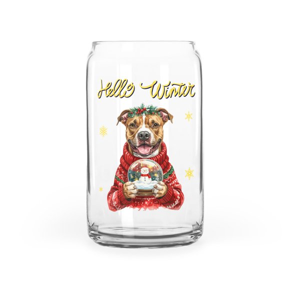 Hello Welcome Winter Pitbull Holding Snow Globe Snowman 16oz Glass Cup Mug Terrier Dog Lover Glass Can - 13015