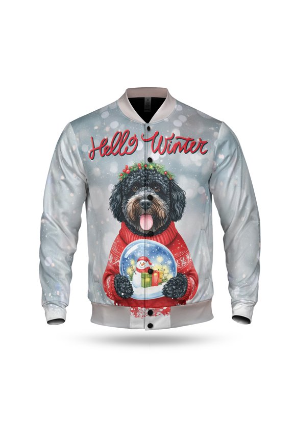 Hello Welcome Winter Portuguese Water Dog Holding Snow Globe Snowman All Over Print 3D Baseball Jacket PWD Portie Fishing Dog Lover Bomber Jacket Softball - 13015