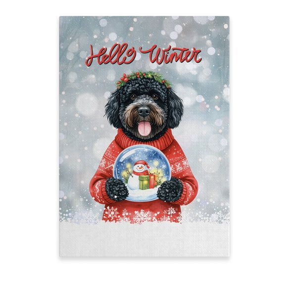 Hello Welcome Winter Portuguese Water Dog Holding Snow Globe Snowman Vertical Matte Canvas Poster PWD Portie Fishing Dog Lover Wall Art Home Decor - 13015
