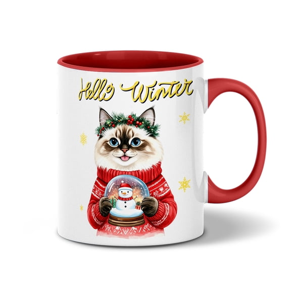 Hello Welcome Winter Ragdoll Holding Snow Globe Snowman 11oz Accent Two-tone Mug Cat Lover Kitten Owner Gifts Idea Coffee Tea Cup - 13015