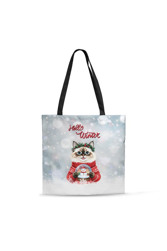 Hello Welcome Winter Ragdoll Holding Snow Globe Snowman All Over Print 3D Canvas Tote Bag Cat Lover Kitten Owner Gifts Idea Reusable Handbag - 13015