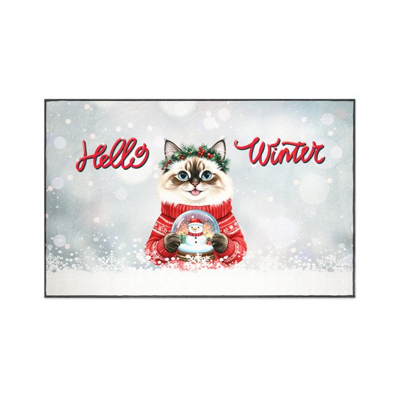 Hello Welcome Winter Ragdoll Holding Snow Globe Snowman Indoor Rug Cat Lover Kitten Owner Gifts Idea Carpet Living Bed Room Sofa Home Decor - 13015