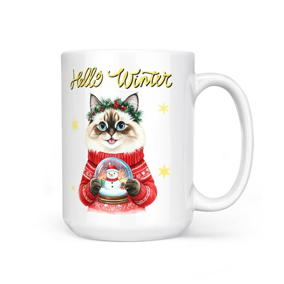 Hello Welcome Winter Ragdoll Holding Snow Globe Snowman Mug Cat Lover Kitten Owner Gifts Idea Coffee Tea Cup - 13015