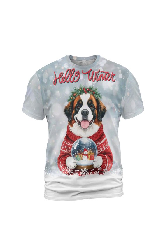 Hello Welcome Winter Saint Bernard Holding Snow Globe Snowman All Over Print 3D Shirt Unisex Merch St Dog Lover - 13015