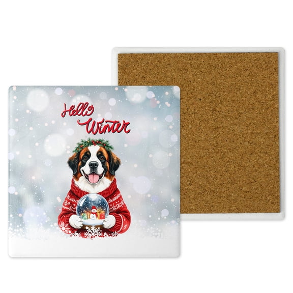 Hello Welcome Winter Saint Bernard Holding Snow Globe Snowman Set of 4 Stone Coasters St Dog Lover 4x4in Absorbent Soapstone Coaster - 13015