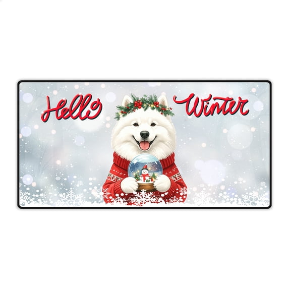 Hello Welcome Winter Samoyed Holding Snow Globe Snowman Desk Mat Full Keyboard Mouse Pad Siberian Sammy Dog Lover Large Mousepad - 13015