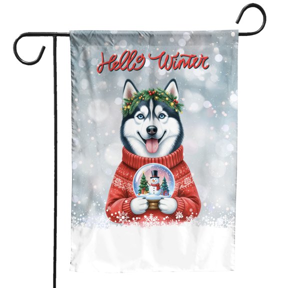 Hello Welcome Winter Siberian Husky Holding Snow Globe Snowman Garden Flag 12x18in Double Sided Husky Dog Lover Gifts Outdoor Decor - 13015