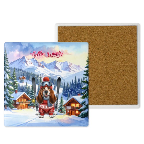 Hello Welcome Winter The Ski Basset Hound Snowy Day Set of 4 Stone Coasters Bassets Dog Breed Lovers Gifts Idea 4x4in Absorbent Soapstone Coaster - 13013
