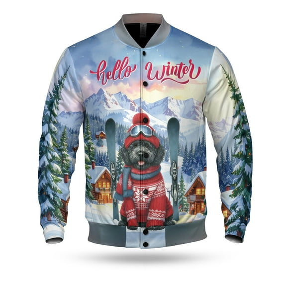 Hello Welcome Winter The Ski Portuguese Water Dog Snowy Day All Over Print 3D Baseball Jacket PWD Portie Fishing Dog Lover Bomber Jacket Softball - 13013