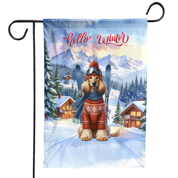 Hello Welcome Winter The Ski Afghan Hound Snowy Day Garden Flag 12x18in Double Sided Dog Lover Outdoor Decor - 13013