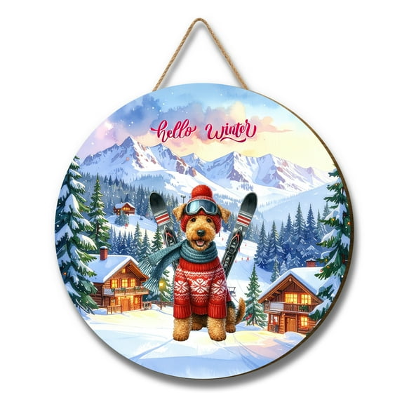 Hello Welcome Winter The Ski Airedale Terrier Snowy Day Round Wood Sign Dale Waterside Dog Lover Hanging Wall Home Decor - 13013