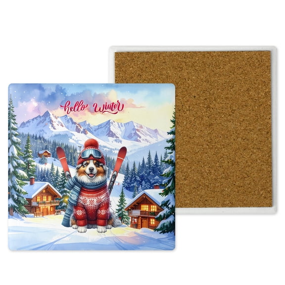 Hello Welcome Winter The Ski Australian Shepherd Snowy Day Set of 4 Stone Coasters Aussie Dog Lover Gifts 4x4in Absorbent Soapstone Coaster - 13013