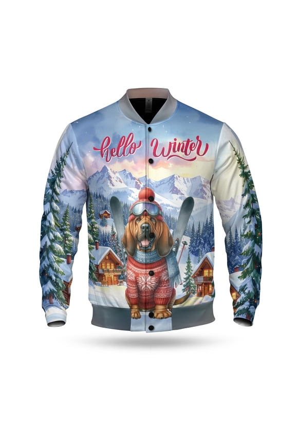 Hello Welcome Winter The Ski Bloodhound Snowy Day All Over Print 3D Baseball Jacket Dog Lover Bomber Jacket Softball - 13013