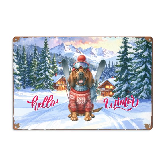 Hello Welcome Winter The Ski Bloodhound Snowy Day Horizontal Metal Aluminum Sign Dog Lover Wall Art Home Decor - 13013