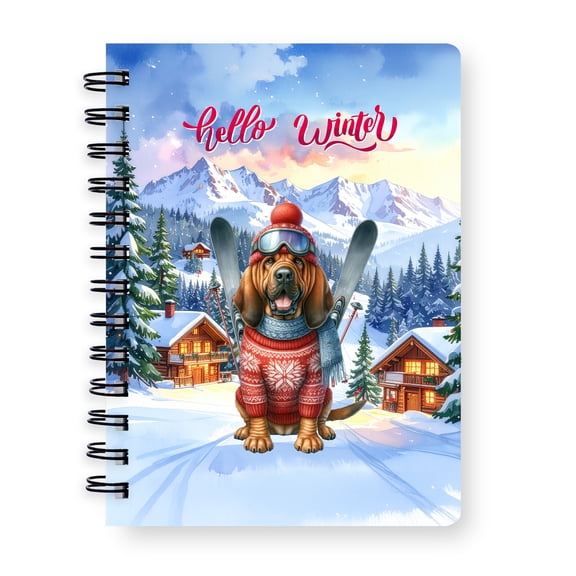 Hello Welcome Winter The Ski Bloodhound Snowy Day Spiral Bound Journal Dog Lover 5x7in Spiral Notebook - 13013