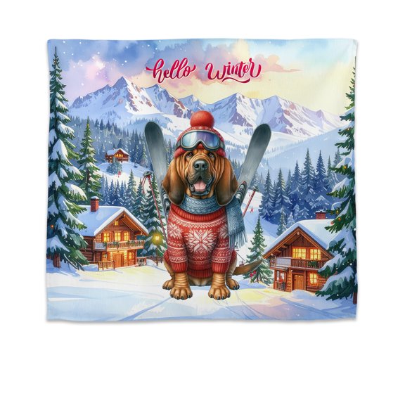 Hello Welcome Winter The Ski Bloodhound Snowy Day Tapestry Dog Lover Wall Hanging Backdrop Home Decor - 13013