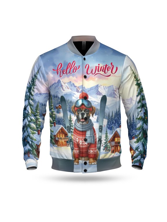 Hello Welcome Winter The Ski Boxer Snowy Day All Over Print 3D Baseball Jacket Boxers Dog Lover Gifts Idea Bomber Jacket Softball - 13013
