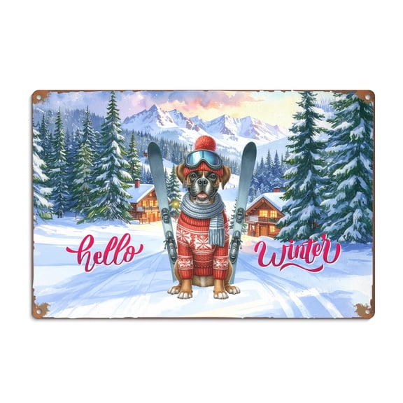 Hello Welcome Winter The Ski Boxer Snowy Day Horizontal Metal Aluminum Sign Boxers Dog Lover Gifts Idea Wall Art Home Decor - 13013