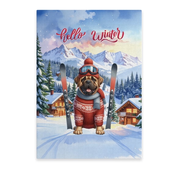 Hello Welcome Winter The Ski Bullmastiff Snowy Day Vertical Matte Canvas Poster Dog Lover Wall Art Home Decor - 13013