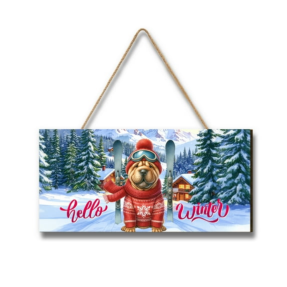 Hello Welcome Winter The Ski Chinese Shar-Pei Snowy Day Landscape Wood Sign Dog Lover Hanging Wall Home Decor - 13013