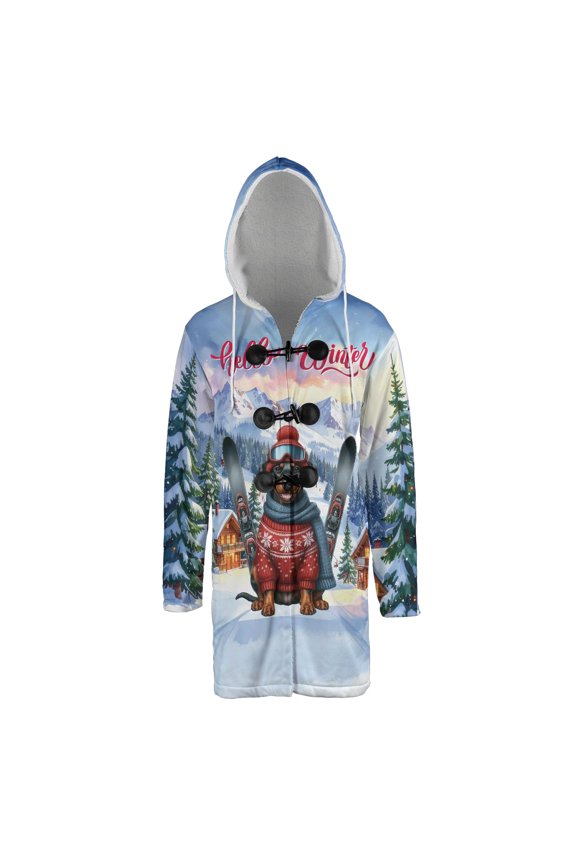 Hello Welcome Winter The Ski Doberman Pinscher Snowy Day All Over Print 3D Hooded Duffle Toggle Coat Doberman Dog Lover Gifts - 13013