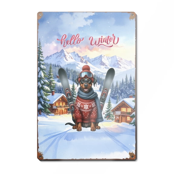 Hello Welcome Winter The Ski Doberman Pinscher Snowy Day Vertical Metal Aluminum Sign Doberman Dog Lover Gifts Wall Art Home Decor - 13013