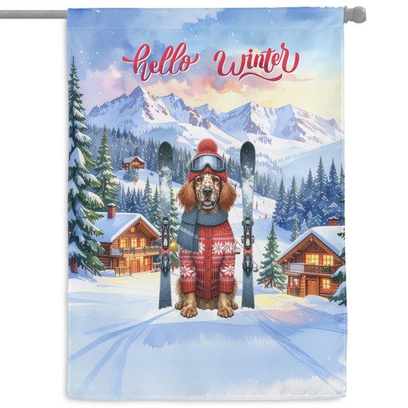 Hello Welcome Winter The Ski English Setter Snowy Day House Flag 28x40in Double Sided Dog Lover Outdoor Decor - 13013