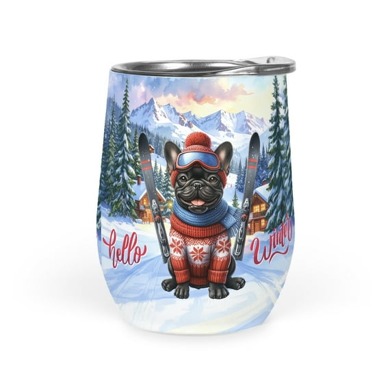 Hello Welcome Winter The Ski French Bulldog Snowy Day 12oz Stainless Steel Wine Tumbler Insulated Cup with Lid Dog Lover Gifts - 13013