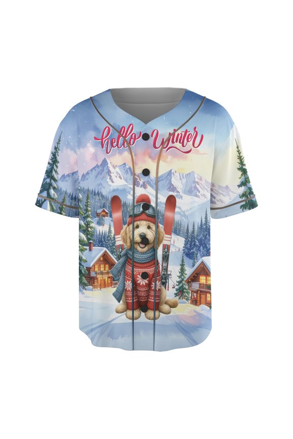 Hello Welcome Winter The Ski Goldendoodle Snowy Day All Over Print 3D Baseball Shirt Doodle Dog Lover Gifts Idea Softball Sport - 13013