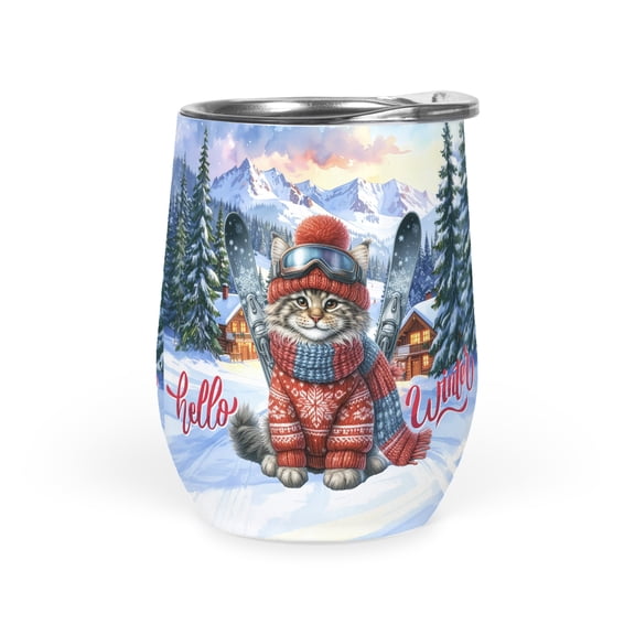 Hello Welcome Winter The Ski Maine Coon Snowy Day 12oz Stainless Steel Wine Tumbler Insulated Cup with Lid Cat Lover Kitten Owner Gifts - 13013