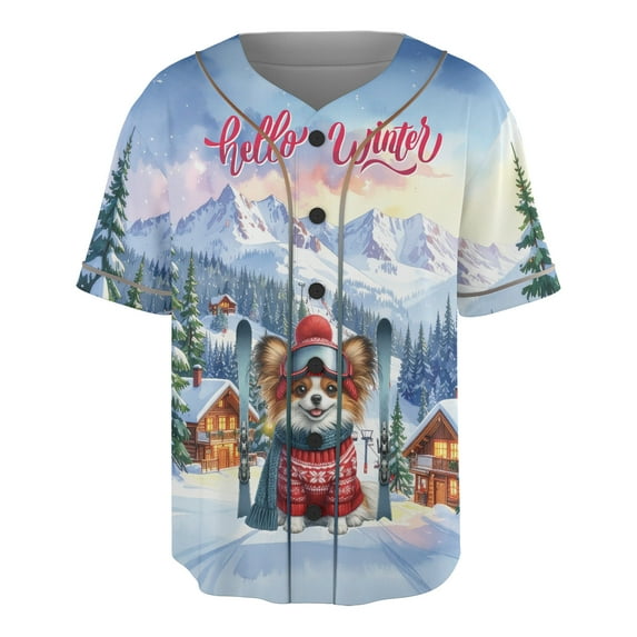 Hello Welcome Winter The Ski Papillon Snowy Day All Over Print 3D Baseball Shirt Pap Butterfly Dog Lover Softball Sport - 13013