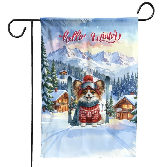 Hello Welcome Winter The Ski Papillon Snowy Day Garden Flag 12x18in Double Sided Pap Butterfly Dog Lover Outdoor Decor - 13013