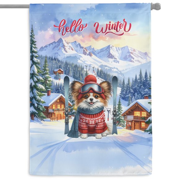 Hello Welcome Winter The Ski Papillon Snowy Day House Flag 28x40in Double Sided Pap Butterfly Dog Lover Outdoor Decor - 13013