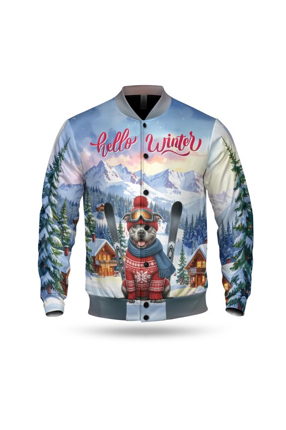 Hello Welcome Winter The Ski Pitbull Snowy Day All Over Print 3D Baseball Jacket Terrier Dog Lover Bomber Jacket Softball - 13013