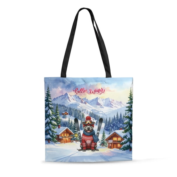 Hello Welcome Winter The Ski Pitbull Snowy Day All Over Print 3D Canvas Tote Bag Terrier Dog Lover Reusable Handbag - 13013