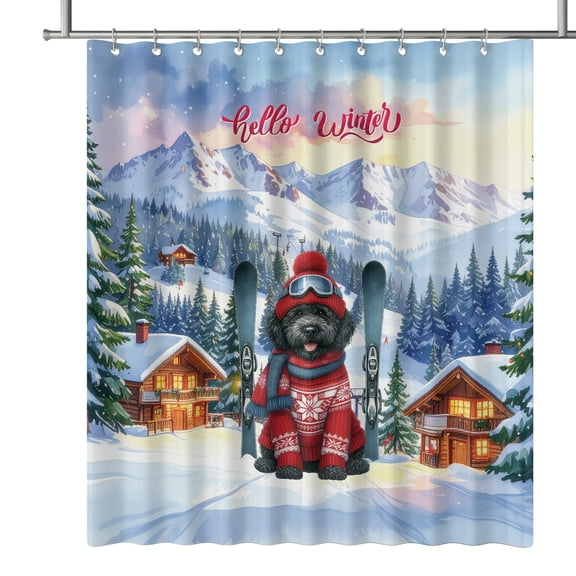 Hello Welcome Winter The Ski Portuguese Water Dog Snowy Day Shower Curtain PWD Portie Fishing Dog Lover Waterproof Bathroom Bathtub Curtain - 13013
