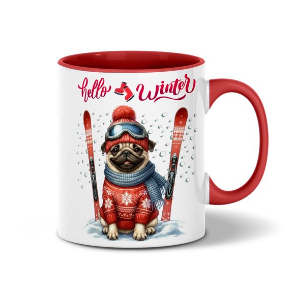 Hello Welcome Winter The Ski Pug Snowy Day 11oz Accent Two-tone Mug Dog Lover Gifts Coffee Tea Cup - 13013