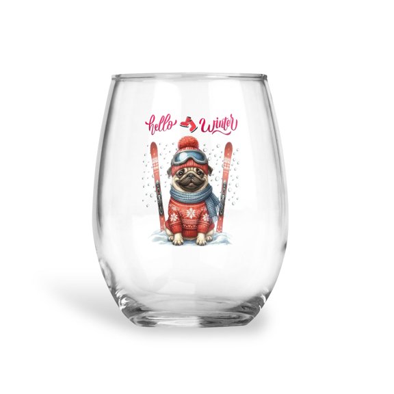 Hello Welcome Winter The Ski Pug Snowy Day 15oz Stemless Wine Glass Mug Dog Lover Gifts Wine Glasses Cup - 13013